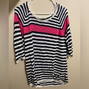 Thin, 3/4 sleeve navy, cream and pink striped Maurice’s sweater